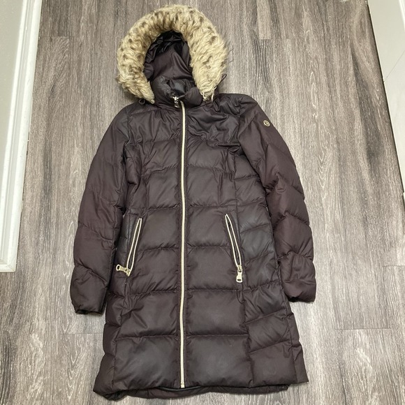 Calvin Klein Women Puffer Coat Size Small Faux Fur Trim Hooded Plum Quilted Maxi - Picture 1 of 13